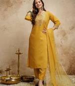 Yellow color chanderi partywear readymade salwar kameez for graceful looks