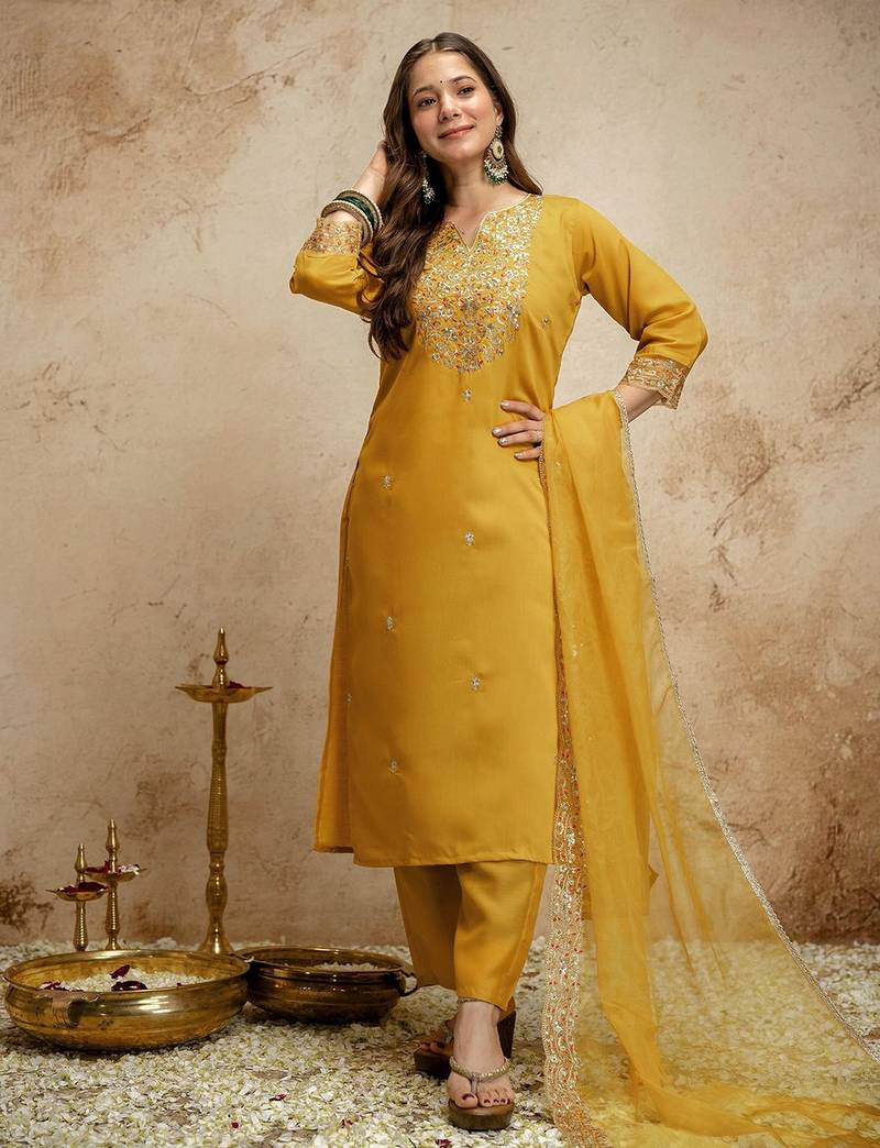 Yellow color chanderi partywear readymade salwar kameez for graceful looks