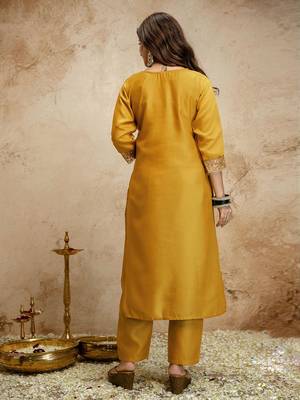 Yellow color chanderi partywear readymade salwar kameez for graceful looks 2