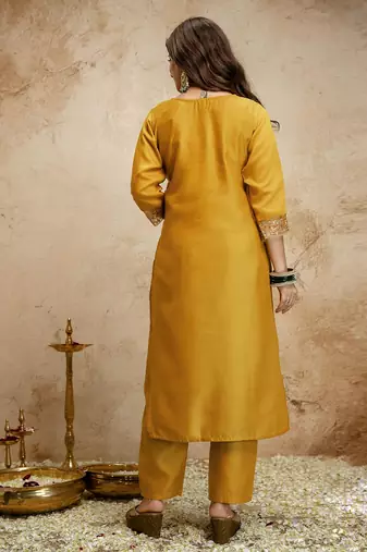 Yellow color chanderi partywear readymade salwar kameez for graceful looks