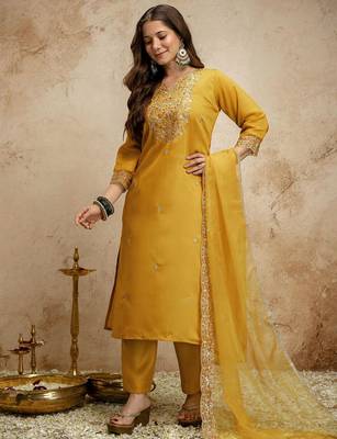 Yellow color chanderi partywear readymade salwar kameez for graceful looks 4
