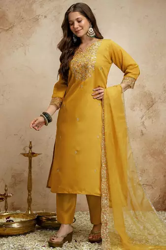 Yellow color chanderi partywear readymade salwar kameez for graceful looks