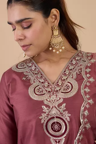 Coffee color stylish silk blend embroidered graceful partywear dress