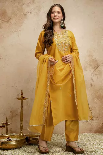 Yellow color chanderi partywear readymade salwar kameez for graceful looks