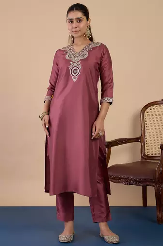 Coffee color stylish silk blend embroidered graceful partywear dress