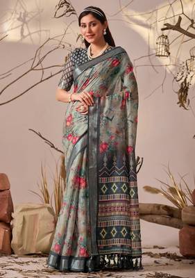 Grey Floral Printed Designer Linen Saree 1