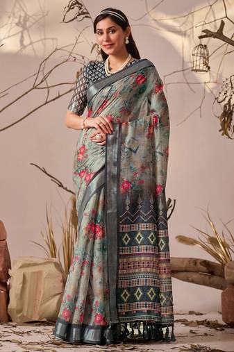 Grey Floral Printed Designer Linen Saree