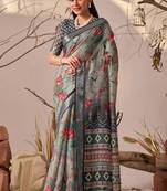Grey Floral Printed Designer Linen Saree