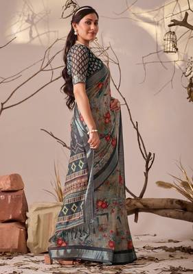 Grey Floral Printed Designer Linen Saree 2