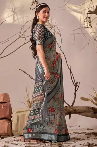 Grey Floral Printed Designer Linen Saree