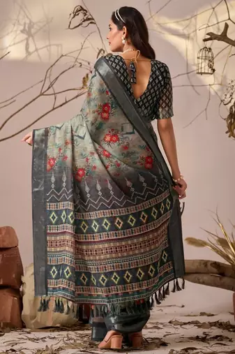 Grey Floral Printed Designer Linen Saree