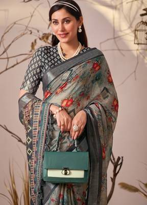 Grey Floral Printed Designer Linen Saree 4