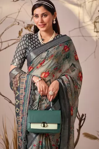 Grey Floral Printed Designer Linen Saree