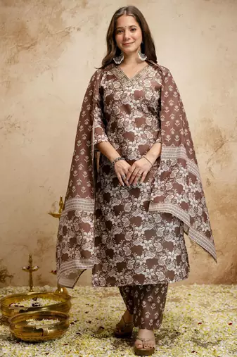 Brown color megic cotton partywear readymade salwar kameez for graceful looks