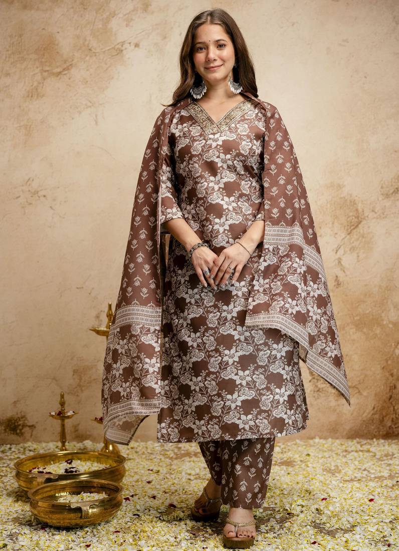 Brown color megic cotton partywear readymade salwar kameez for graceful looks