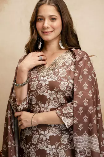 Brown color megic cotton partywear readymade salwar kameez for graceful looks