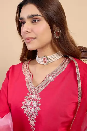 Pink color stylish silk blend embroidered graceful partywear dress