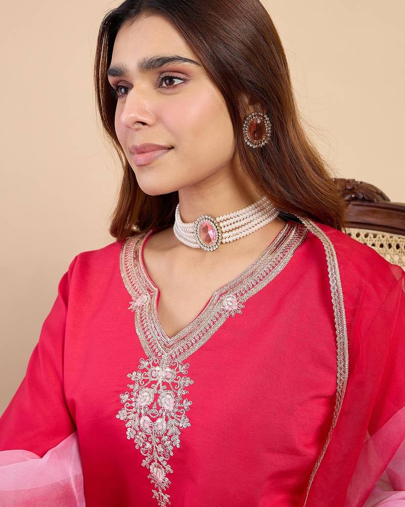 Pink color stylish silk blend embroidered graceful partywear dress