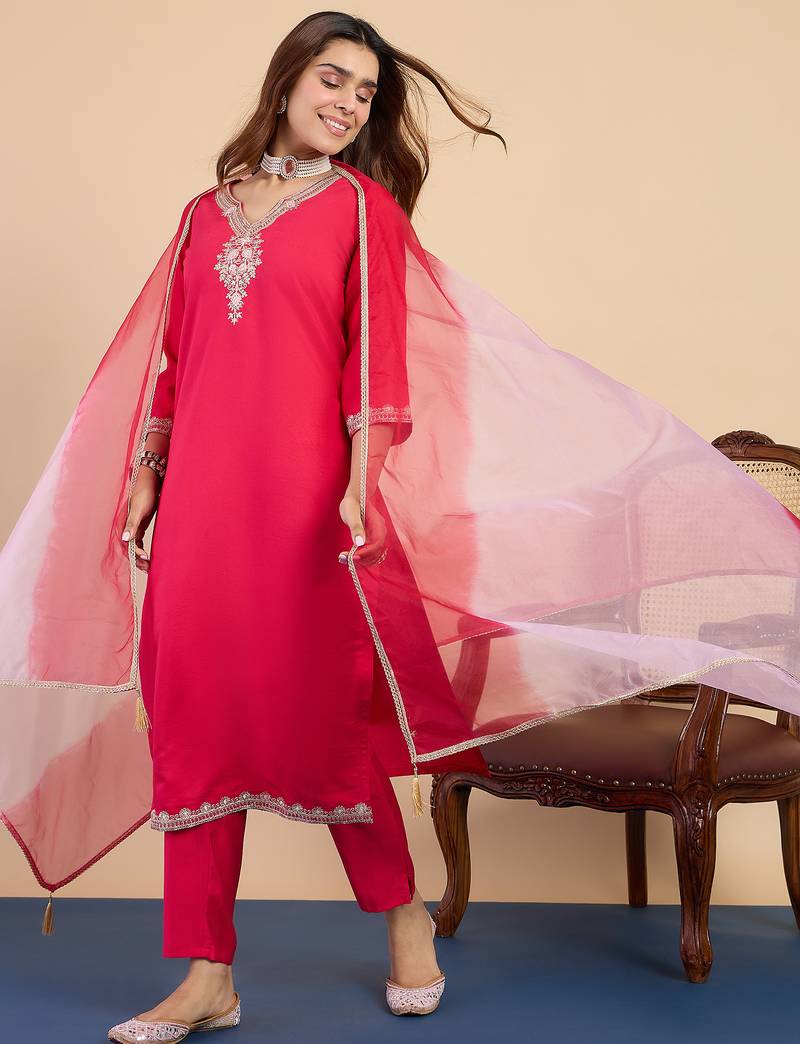 Pink color stylish silk blend embroidered graceful partywear dress