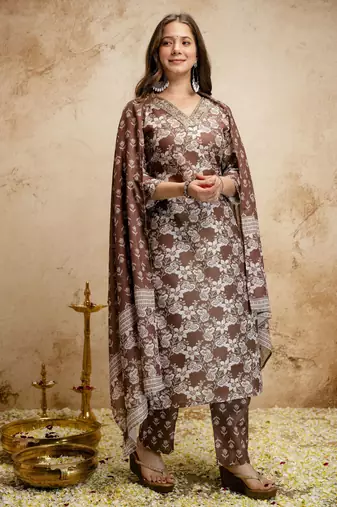 Brown color megic cotton partywear readymade salwar kameez for graceful looks