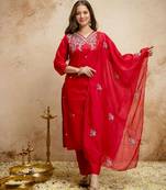 Red color chanderi partywear readymade salwar kameez for graceful looks