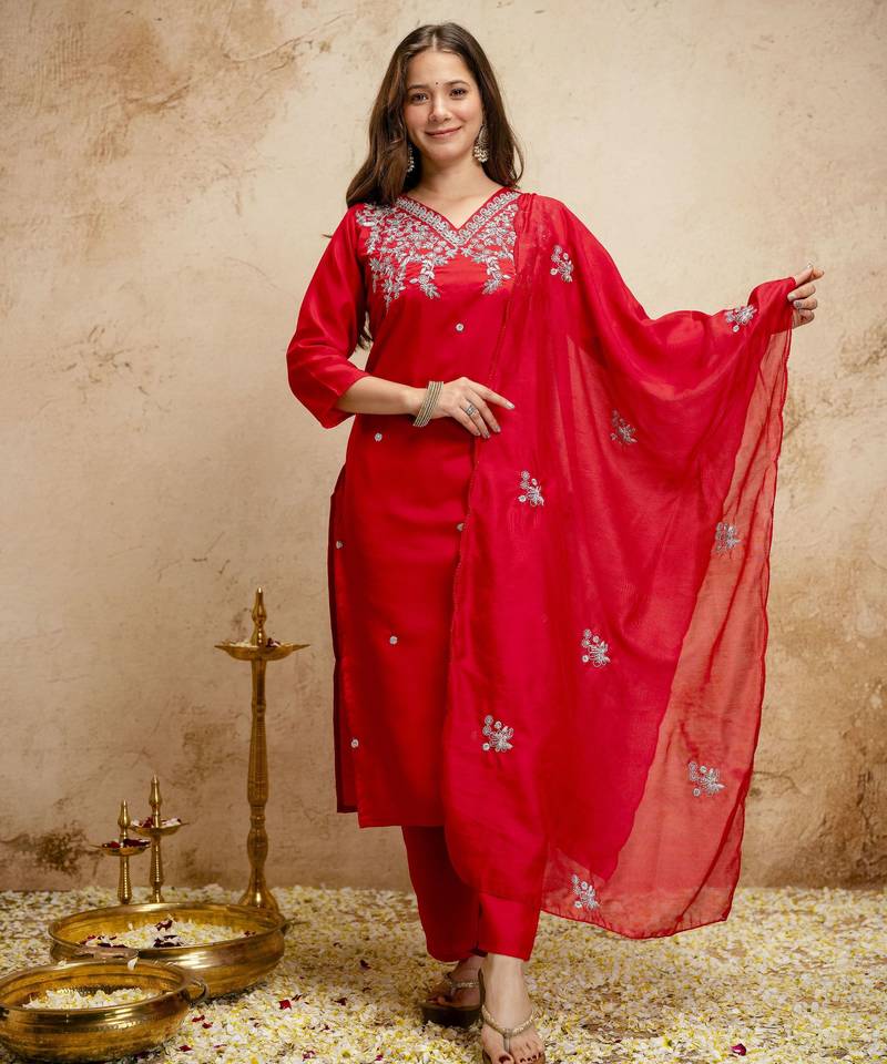Red color chanderi partywear readymade salwar kameez for graceful looks