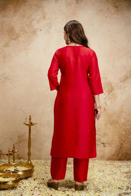 Red color chanderi partywear readymade salwar kameez for graceful looks 2