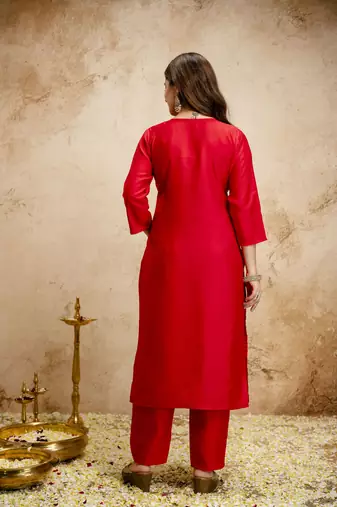 Red color chanderi partywear readymade salwar kameez for graceful looks