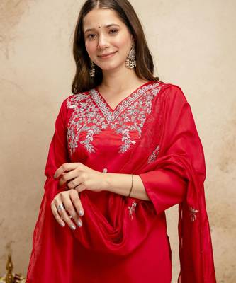 Red color chanderi partywear readymade salwar kameez for graceful looks 3