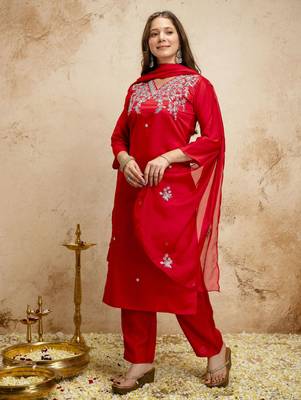 Red color chanderi partywear readymade salwar kameez for graceful looks 4