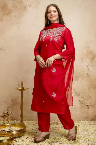 Red color chanderi partywear readymade salwar kameez for graceful looks
