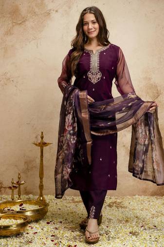 Wine color chanderi partywear readymade salwar kameez for graceful looks