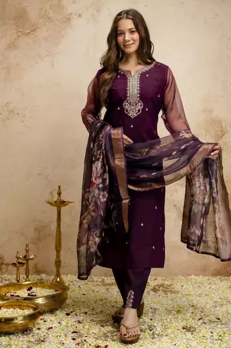 Wine color chanderi partywear readymade salwar kameez for graceful looks