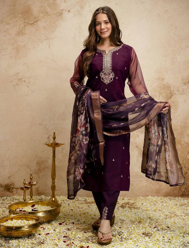 Wine color chanderi partywear readymade salwar kameez for graceful looks