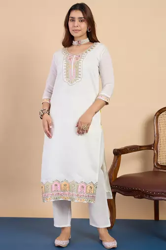 Off white color stylish silk blend embroidered graceful partywear dress