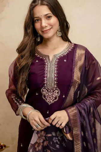 Wine color chanderi partywear readymade salwar kameez for graceful looks