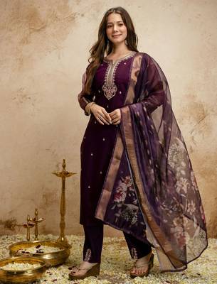 Wine color chanderi partywear readymade salwar kameez for graceful looks 4