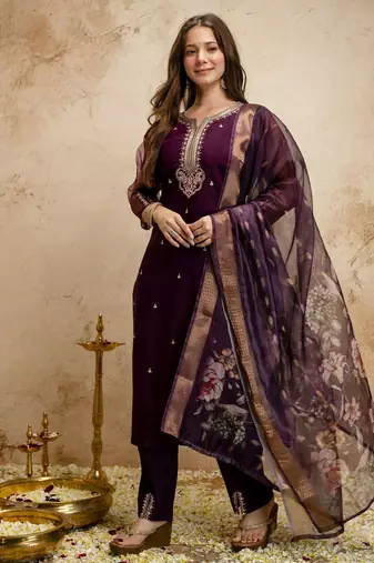 Wine color chanderi partywear readymade salwar kameez for graceful looks