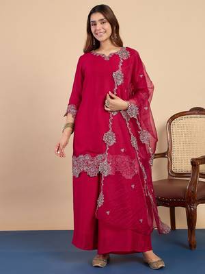 Pink color stylish silk blend embroidered graceful partywear dress 1