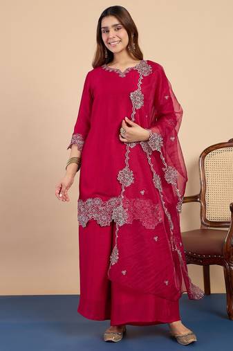 Pink color stylish silk blend embroidered graceful partywear dress