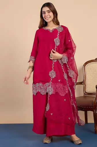 Pink color stylish silk blend embroidered graceful partywear dress
