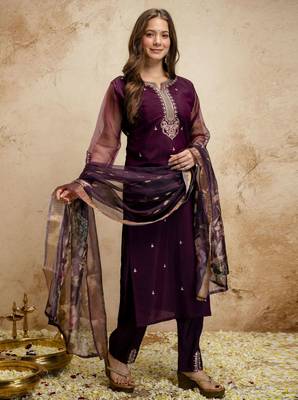 Wine color chanderi partywear readymade salwar kameez for graceful looks 5