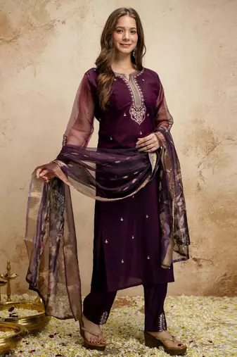 Wine color chanderi partywear readymade salwar kameez for graceful looks