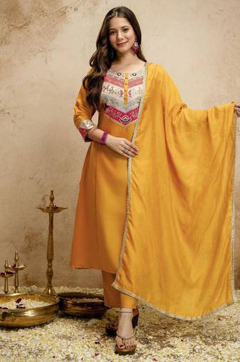 Yellow color chanderi partywear readymade salwar kameez for graceful looks