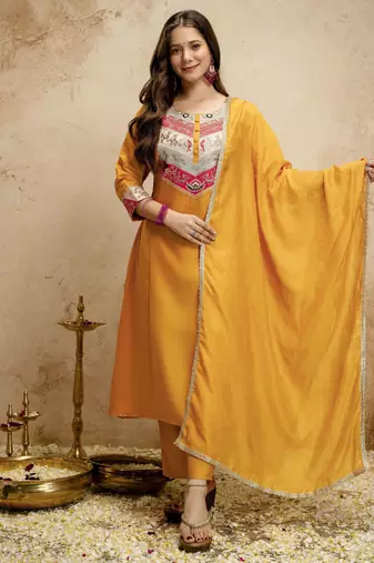 Yellow color chanderi partywear readymade salwar kameez for graceful looks