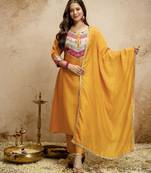 Yellow color chanderi partywear readymade salwar kameez for graceful looks