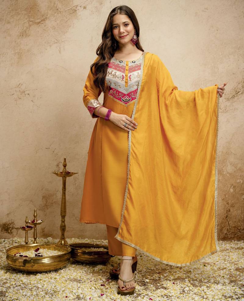Yellow color chanderi partywear readymade salwar kameez for graceful looks