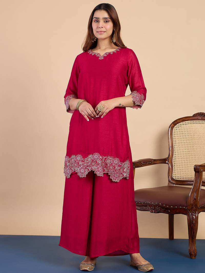 Pink color stylish silk blend embroidered graceful partywear dress