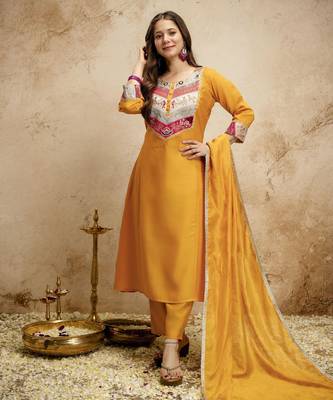 Yellow color chanderi partywear readymade salwar kameez for graceful looks 2