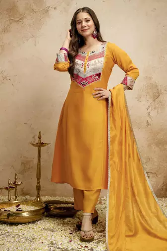 Yellow color chanderi partywear readymade salwar kameez for graceful looks